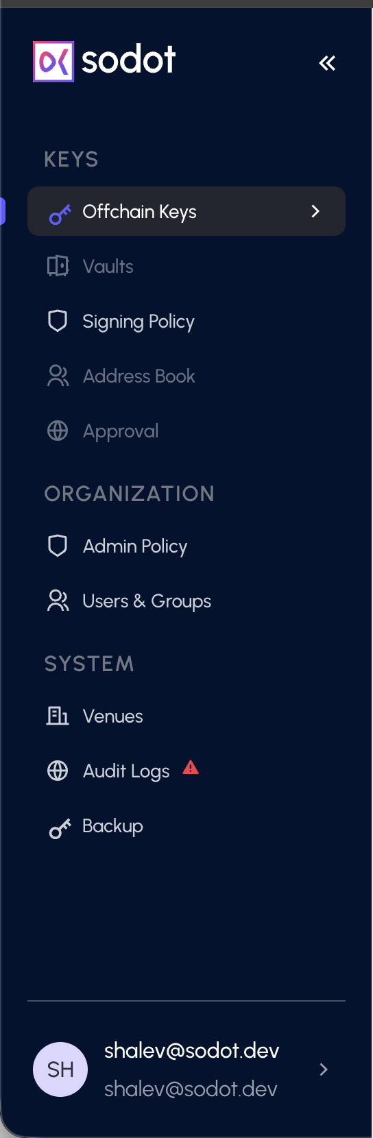 The full sidebar expanded, showing the KEYS, ORGANIZATION, and SYSTEM section labels with every item, and the user profile at the bottom.